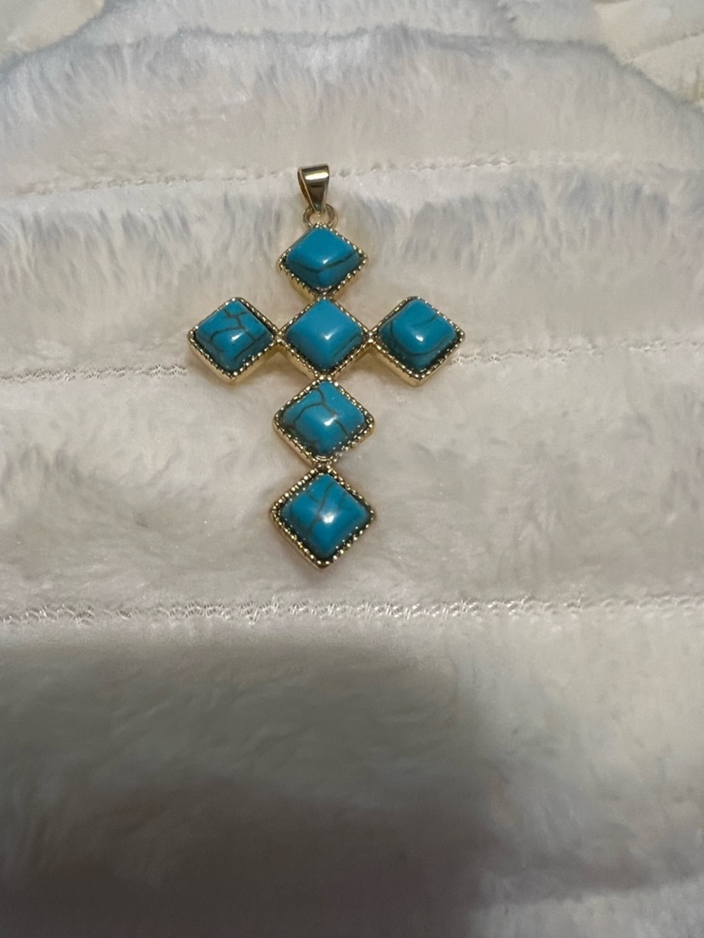Gold-Trim Turquoise Color Dyed Howlite Stone Cross Pendant Necklace NWOT - Picture 2 of 4